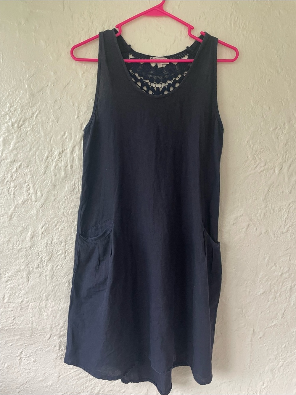 Bellambra Italy 100% Linen Navy Sleeveless Shift Dress Embroidered Back; S